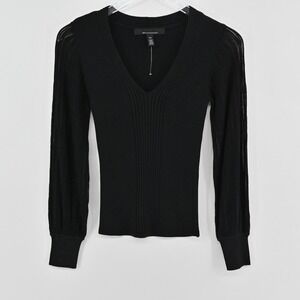 White House Black Market Sheer Sleeve V-Neck Sweater Womens Size XS Black Ribbed